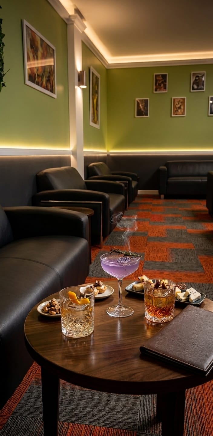 Lounge seating at Little Spicy with leather armchairs, warm lighting and a cocktail on a round table